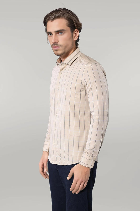 Beige Slim Fit Plaid Men's Shirt