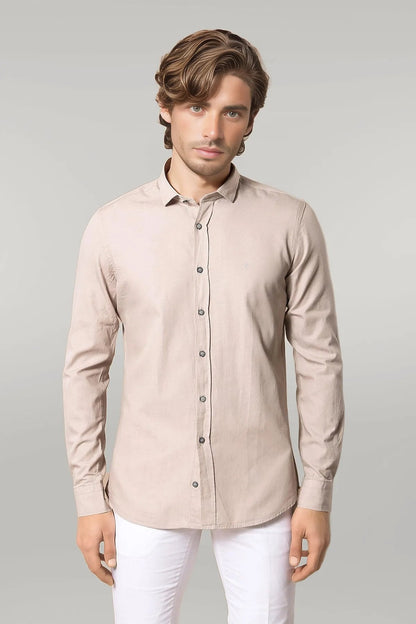 Patterned Cotton Slim Fit Beige Shirt