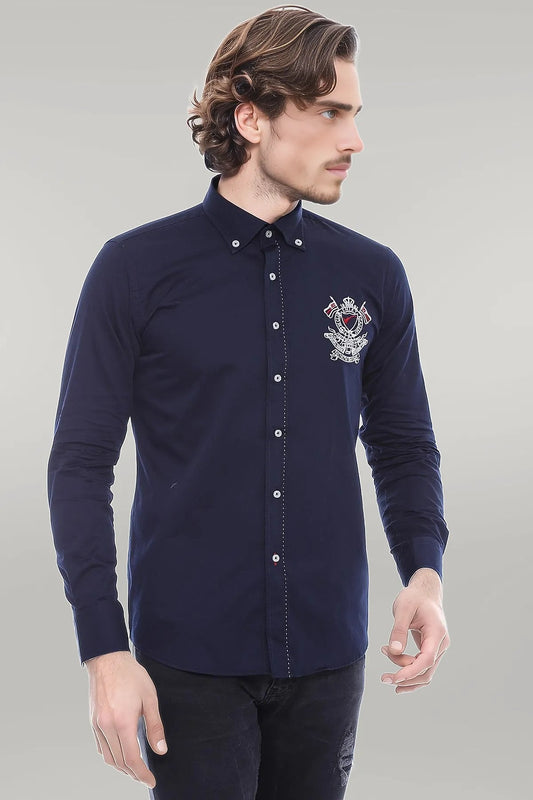 Emblemed Long Sleeve Navy Blue Shirt