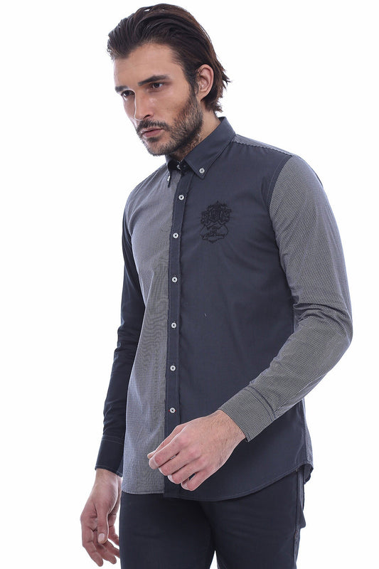 Patterned Crested Black Shirt-