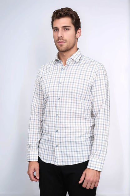 Cream Slim Fit Check Men's Shirt