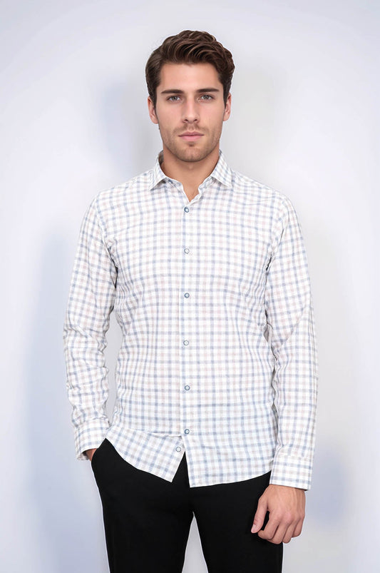 Cream Slim Fit Check Men's Shirt