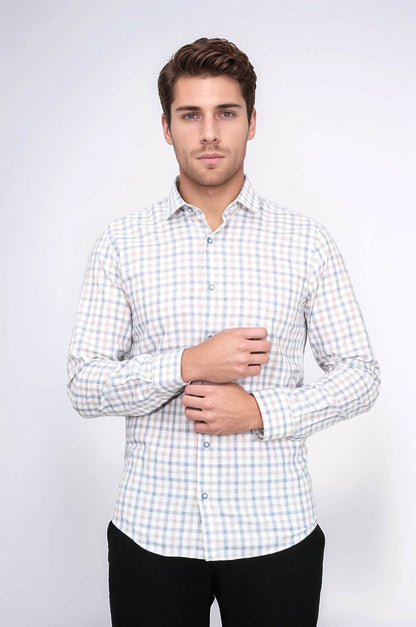 Cream Slim Fit Check Men's Shirt