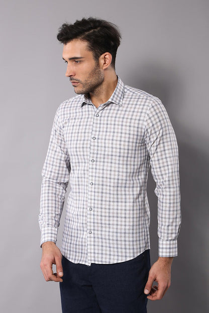 Cream Slim Fit Check Men's Shirt