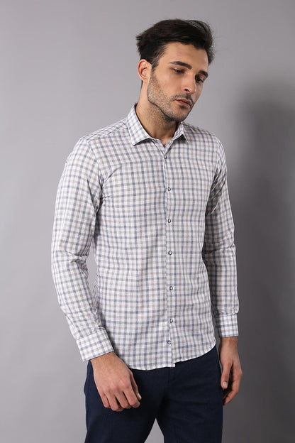 Cream Slim Fit Check Men's Shirt
