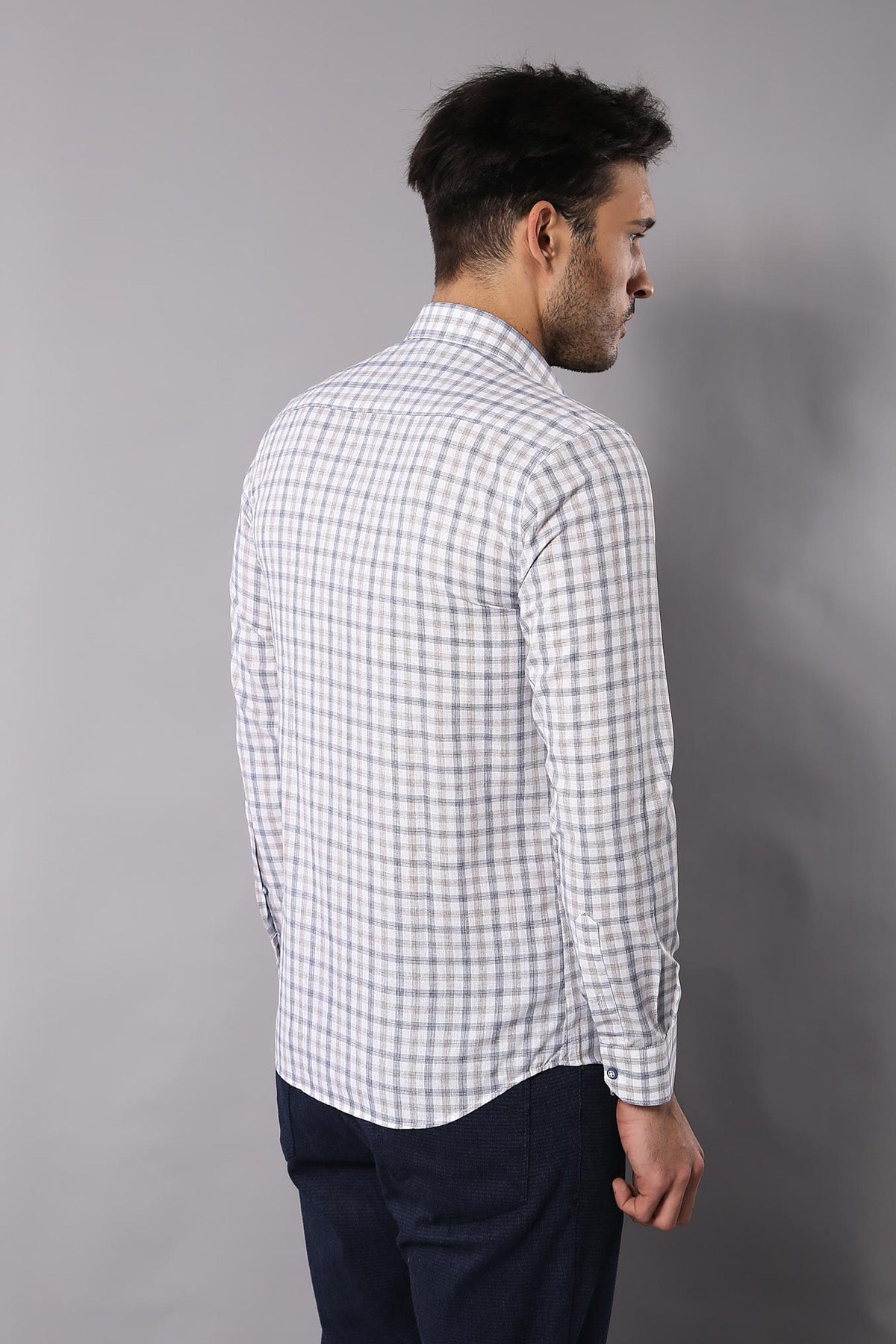 Cream Slim Fit Check Men's Shirt