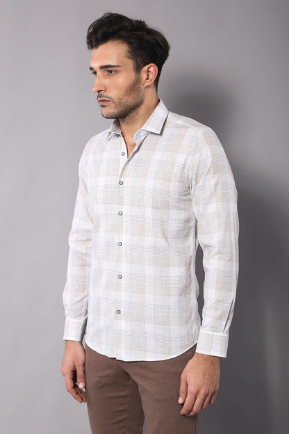 Slim Fit Checked Beige Shirt -