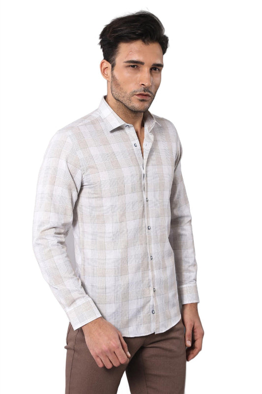 Slim Fit Checked Beige Shirt