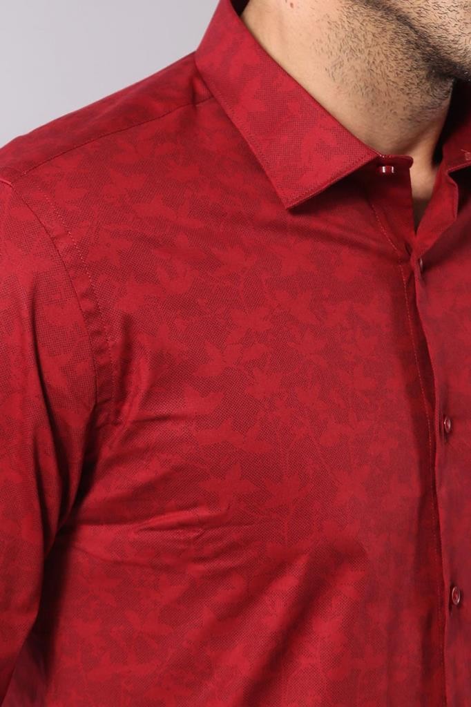 KOALA SYDNEY  Burgundy Slimfit Shirt with Self Flower Pattern -