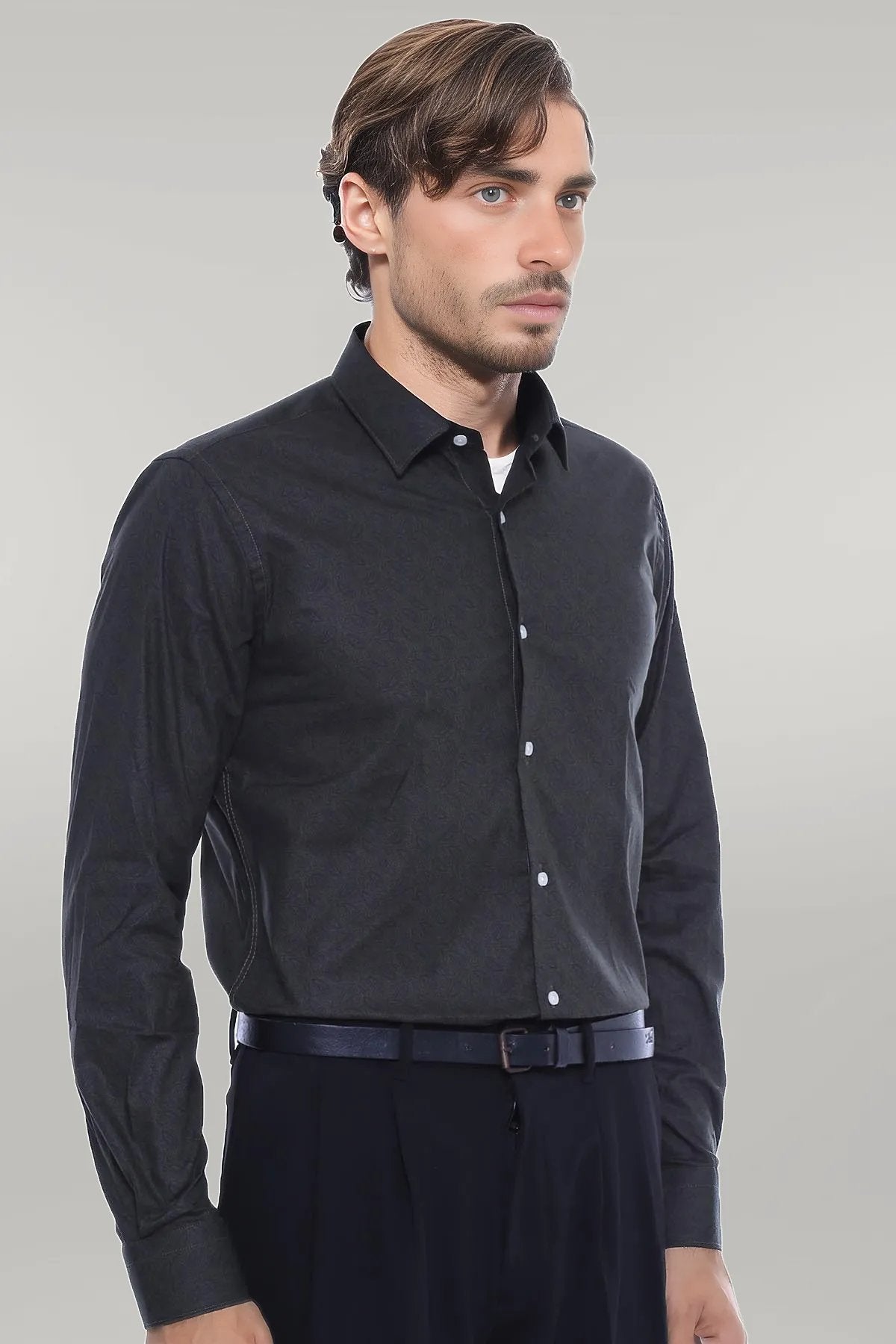 Green Self Patterned Slimfit Shirt -