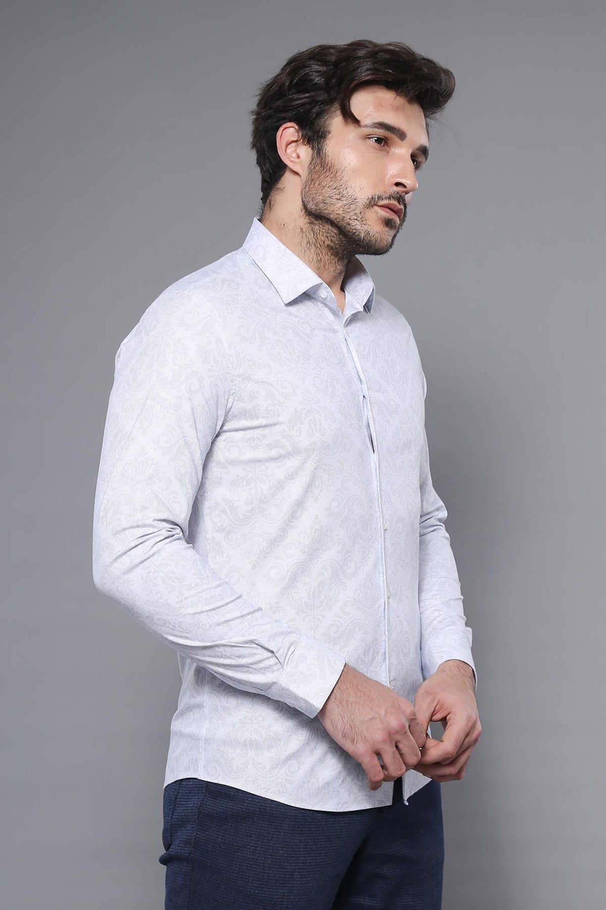 White Long Sleeve Patterned Shirt