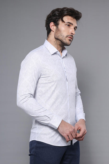 White Long Sleeve Patterned Shirt