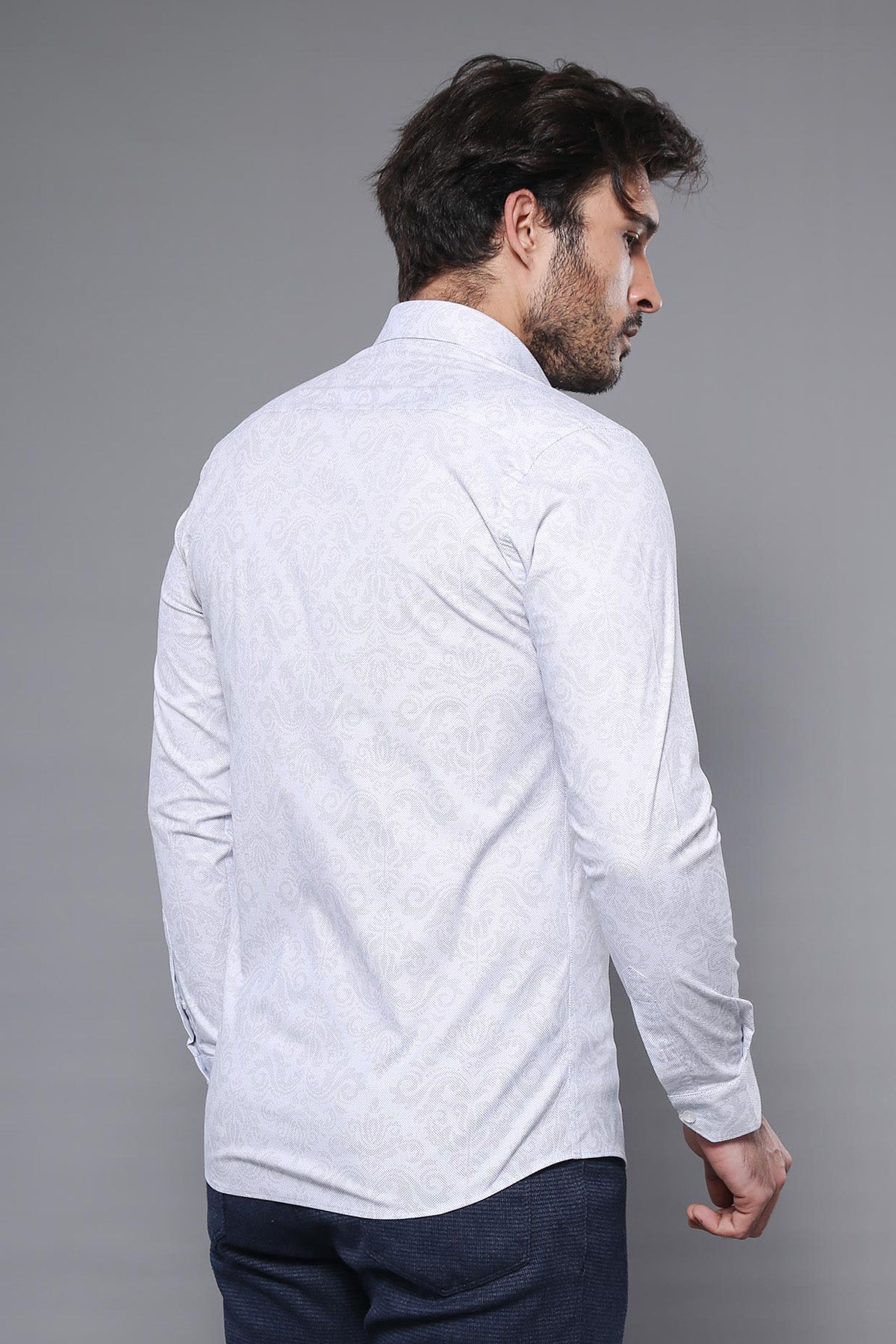 White Long Sleeve Patterned Shirt