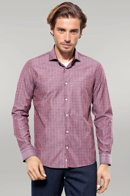 Slim-Fit Burgundy Plaid Shirt