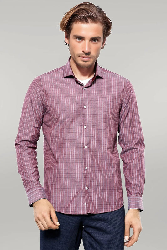 Slim-Fit Burgundy Plaid Shirt