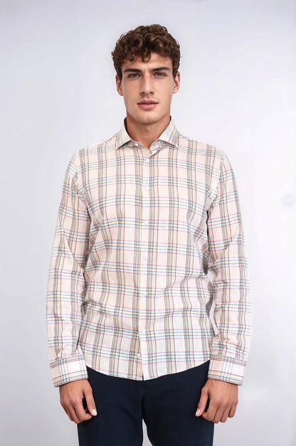 Beige Plaid Slim-Fit Shirt