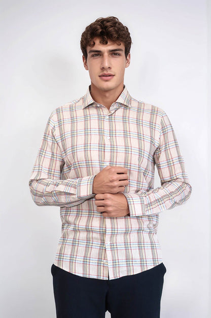 Beige Plaid Slim-Fit Shirt