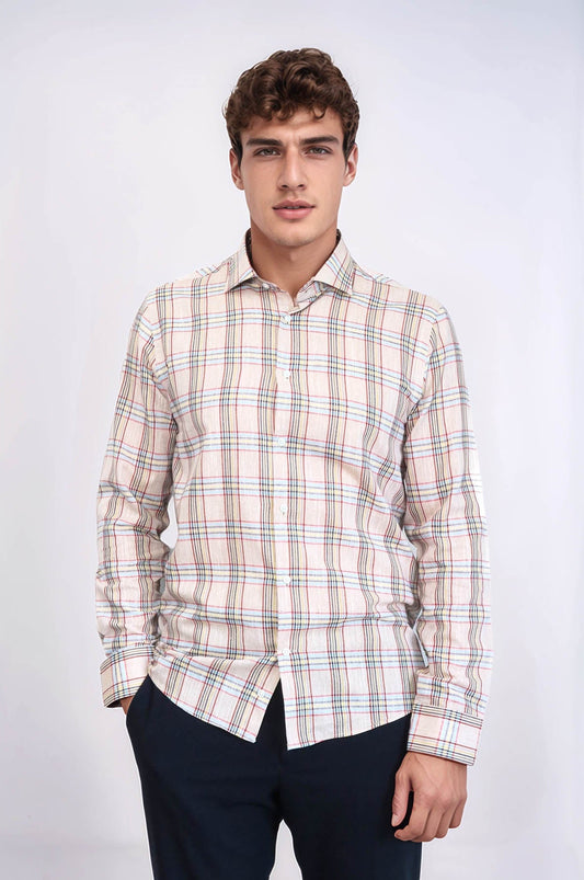 Beige Plaid Slim-Fit Shirt