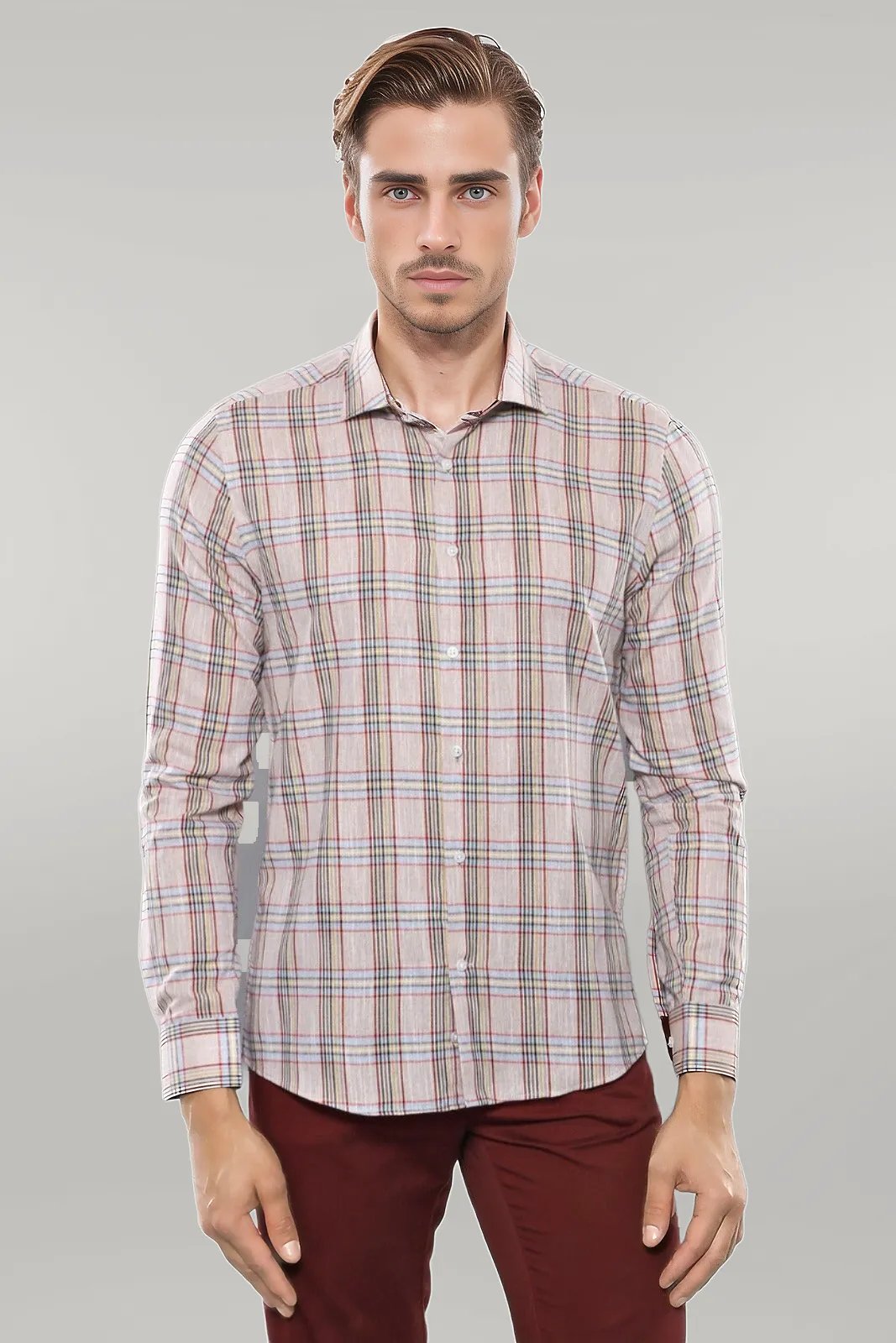 Beige Plaid Slim-Fit Shirt | -