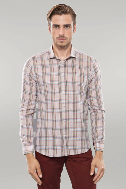 Beige Plaid Slim-Fit Shirt | -