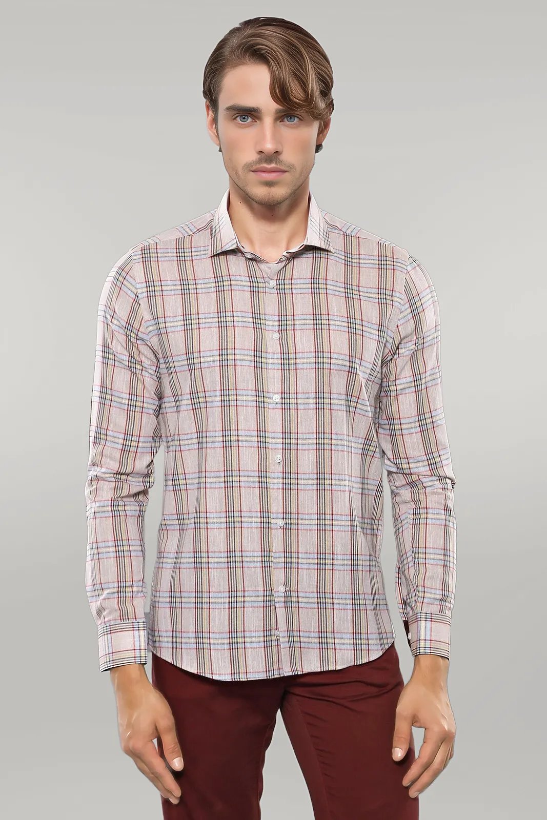 Beige Plaid Slim-Fit Shirt | -
