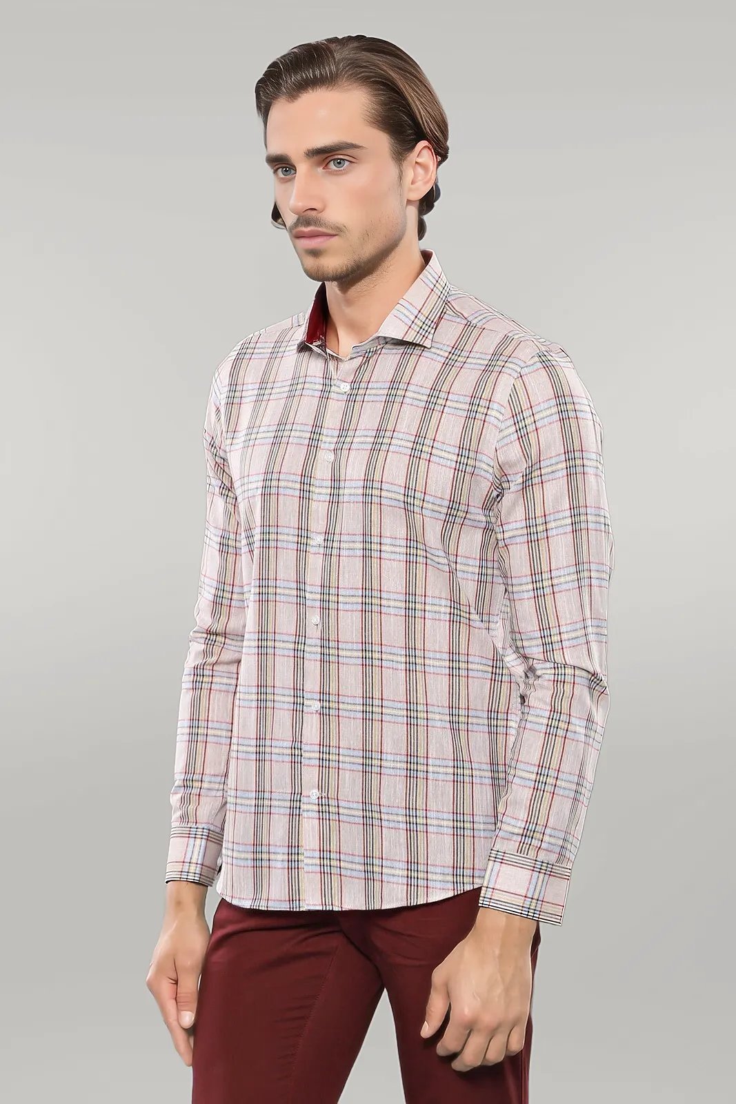 Beige Plaid Slim-Fit Shirt | -