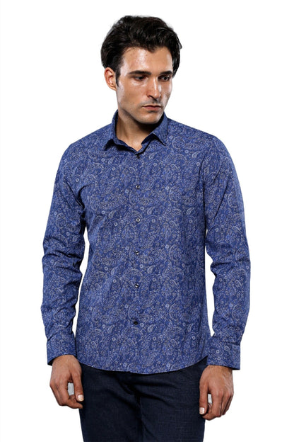 Damask Pattern Long Sleeves Men Blue Shirt
