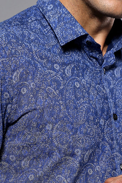 Damask Pattern Long Sleeves Men Blue Shirt