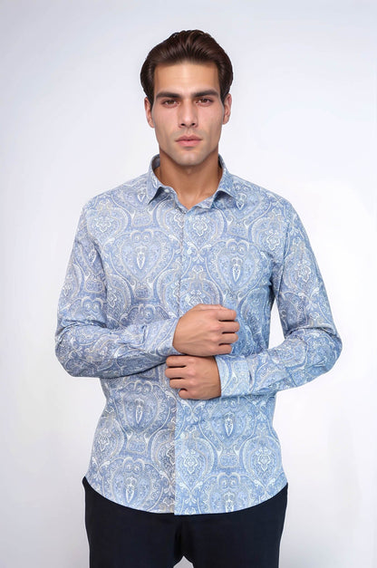 KOALA SYDNEY Blue Damask Pattern Slim Fit Shirt