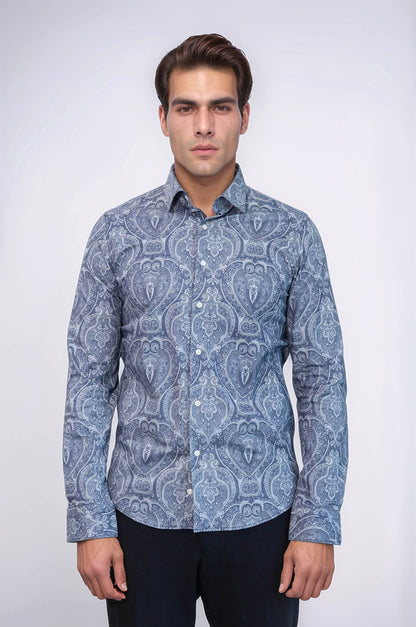 Blue Patterned Slim Fit Men's Shirt