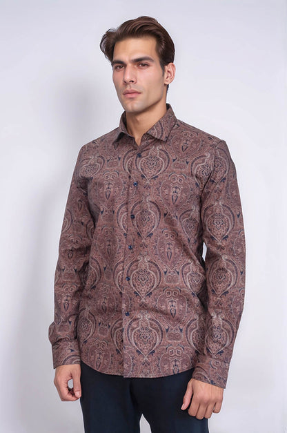 Brown Patterned Slim Fit Men's Shirt - Wessi