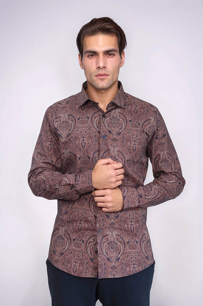 Brown Patterned Slim Fit Men's Shirt - Wessi