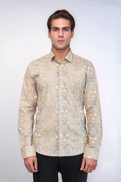 Beige Patterned Slim Fit Men's Shirt - Wessi