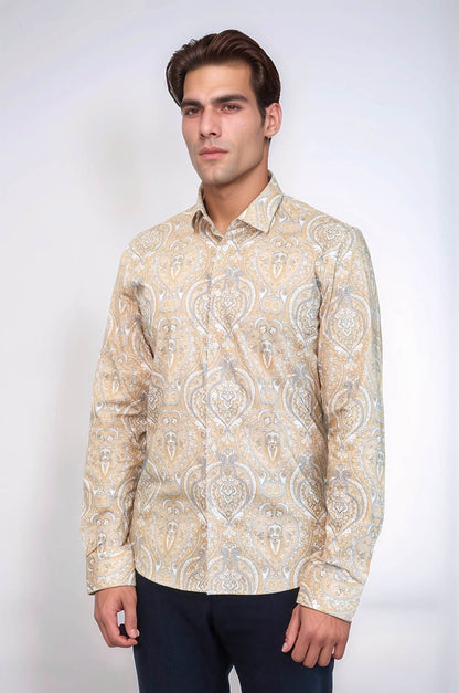 Beige Patterned Slim Fit Men's Shirt - Wessi