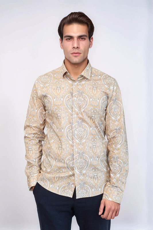 Beige Patterned Slim Fit Men's Shirt - Wessi