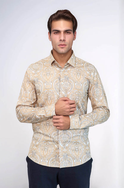 Beige Patterned Slim Fit Men's Shirt - Wessi