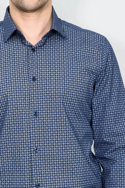 Houndstooth Pattern Slim Fit Navy Blue Men Shirt