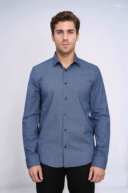 Houndstooth Pattern Slim Fit Navy Blue Men Shirt