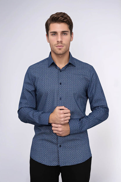 Houndstooth Pattern Slim Fit Navy Blue Men Shirt
