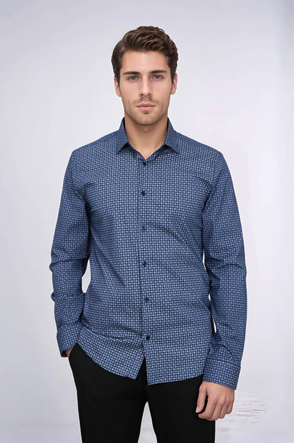 Houndstooth Pattern Slim Fit Navy Blue Men Shirt
