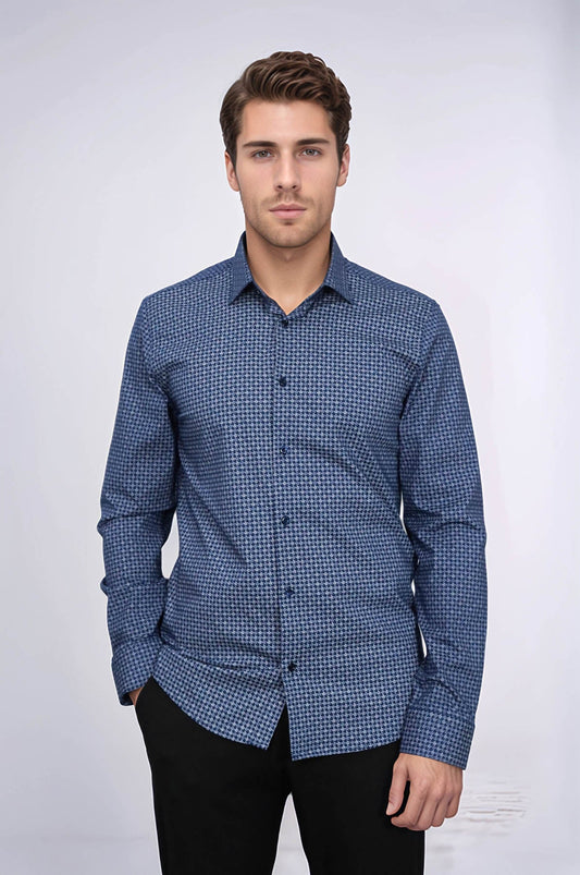Houndstooth Pattern Slim Fit Navy Blue Men Shirt