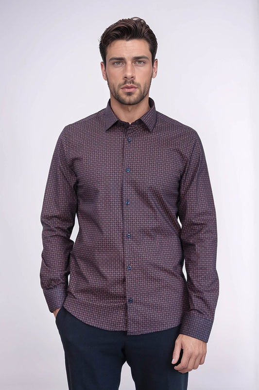 Houndstooth Pattern Slim Fit Brown Men Shirt - Wessi
