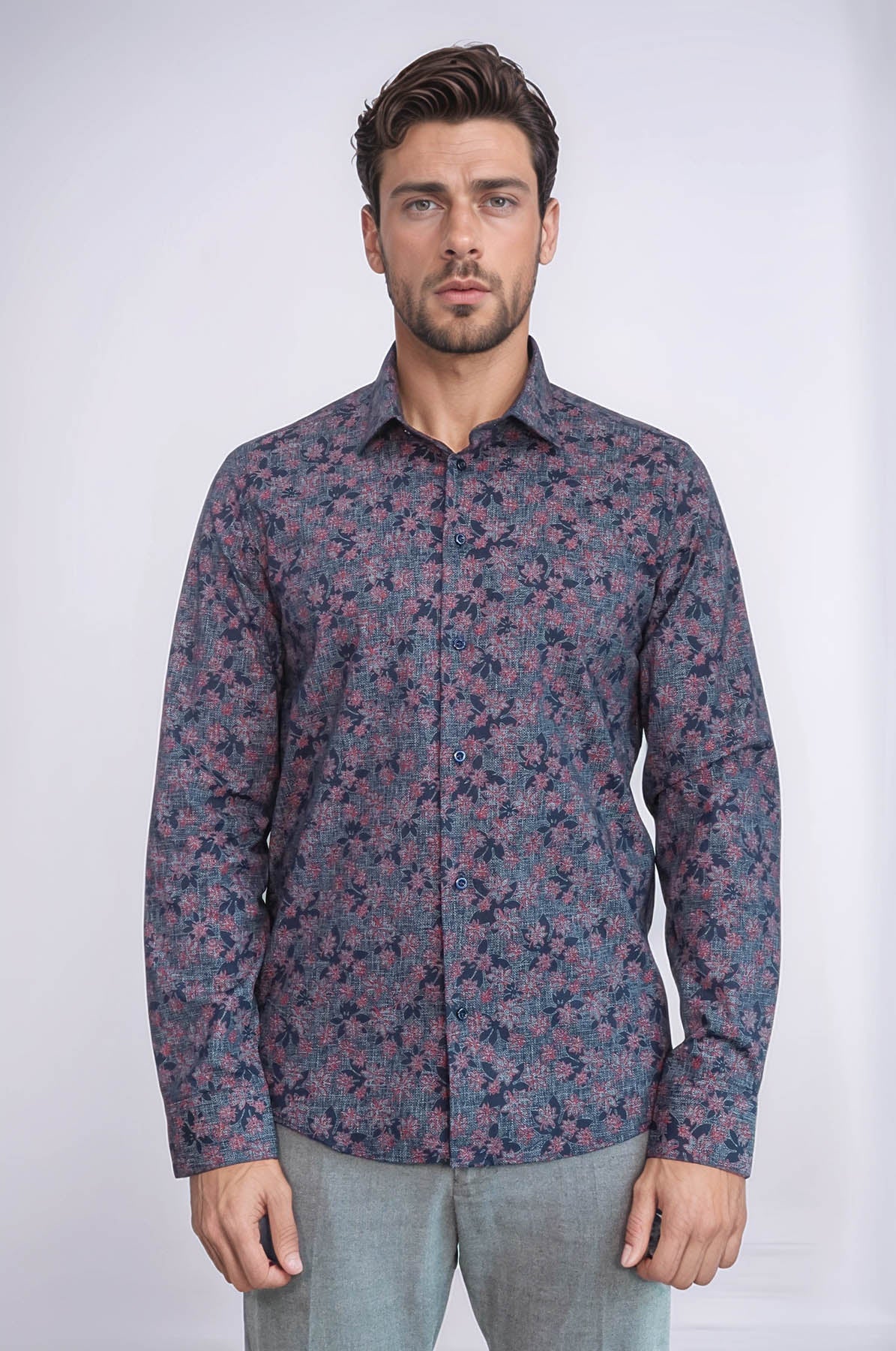 KOALA SYDNEY Bloom Patterned Slim Fit Navy Blue Men Shirt