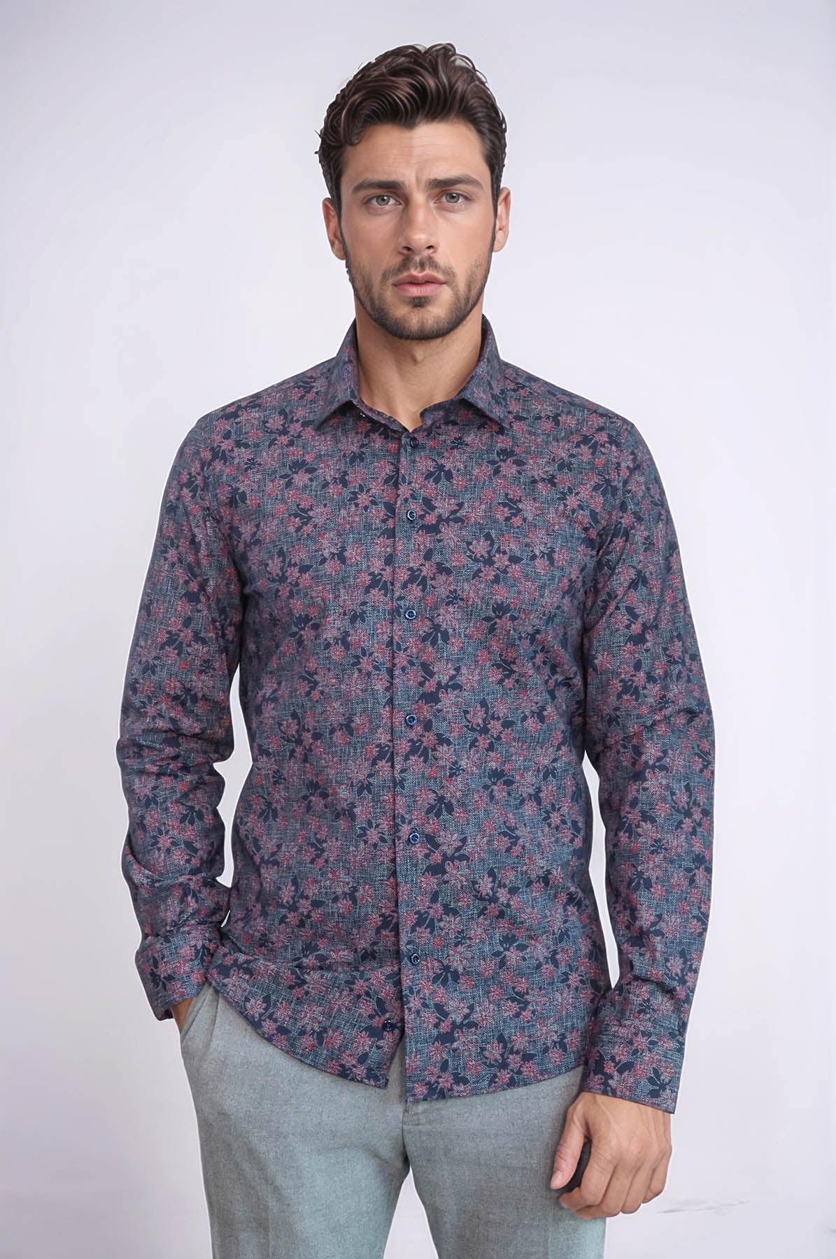 KOALA SYDNEY Bloom Patterned Slim Fit Navy Blue Men Shirt
