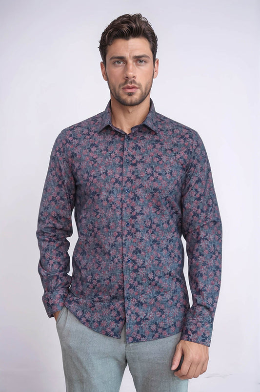 KOALA SYDNEY Bloom Patterned Slim Fit Navy Blue Men Shirt