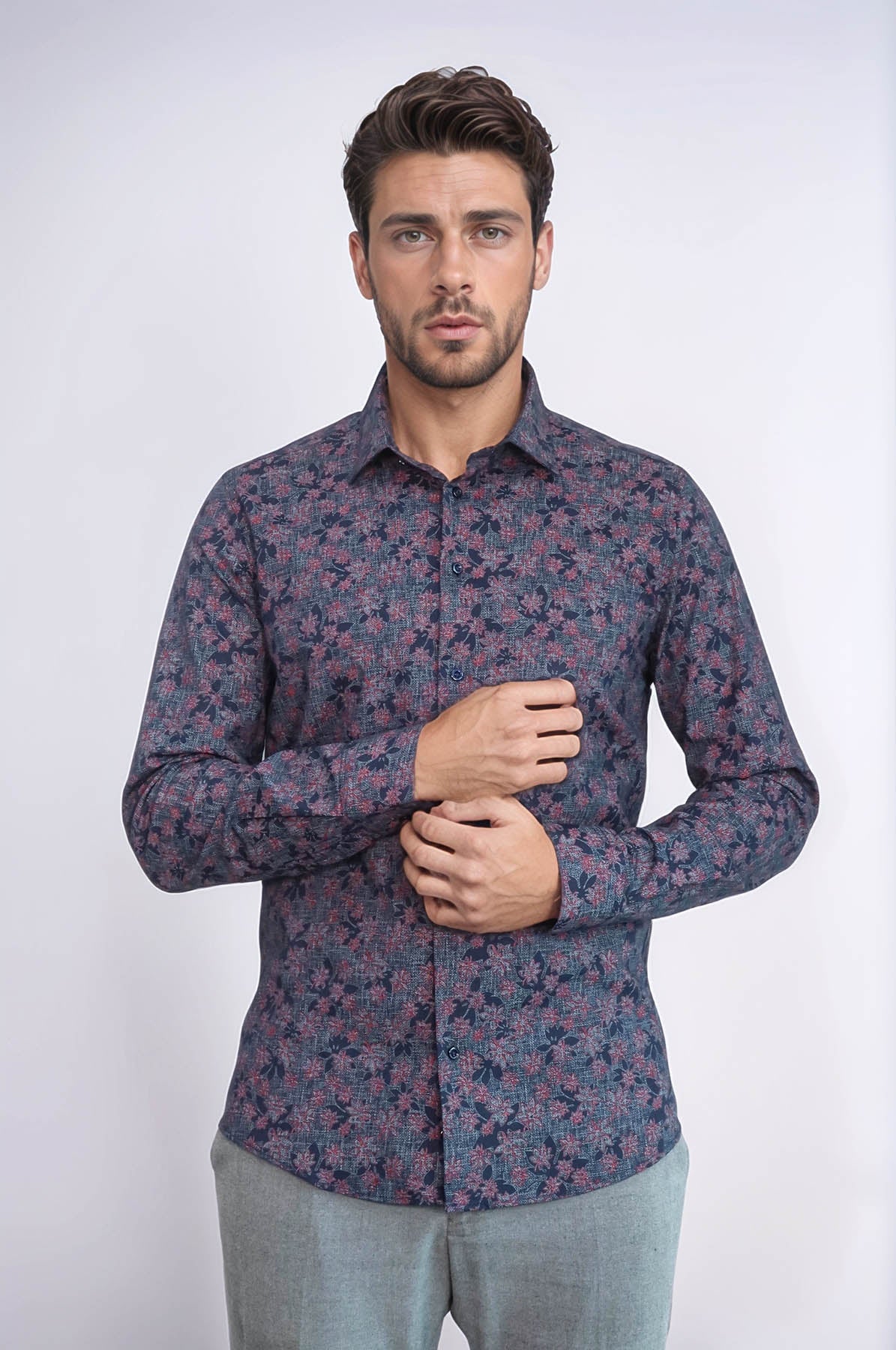 KOALA SYDNEY Bloom Patterned Slim Fit Navy Blue Men Shirt
