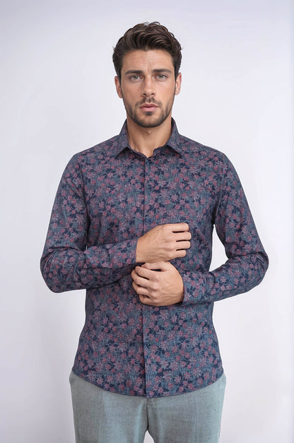 KOALA SYDNEY Bloom Patterned Slim Fit Navy Blue Men Shirt