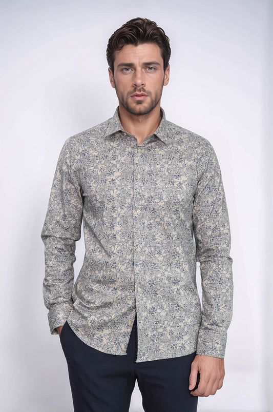 Bloom Patterned Beige Slim Fit Shirt - Wessi