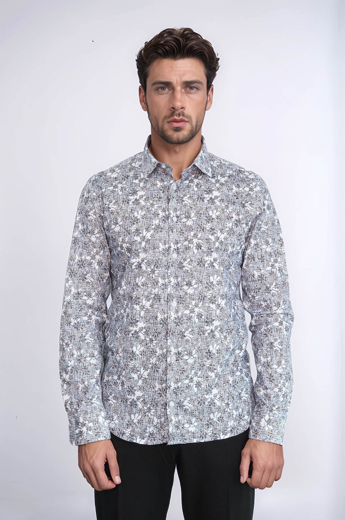 KOALA SYDNEY  Bloom Patterned Grey Slim Fit Shirt -