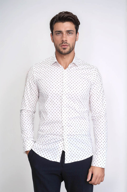 Men’s White Shirt with Minimal Burgundy Pattern – Wessi